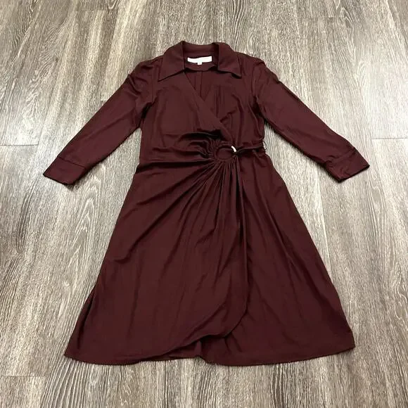 EUC Trina Turk Mahalo Burgundy Jersey Wrap Dress Size 8 Long Sleeve Knee Length - Picture 12 of 15